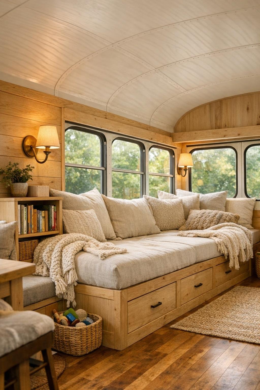 Cozy bus living room with a built-in reading nook under large windows