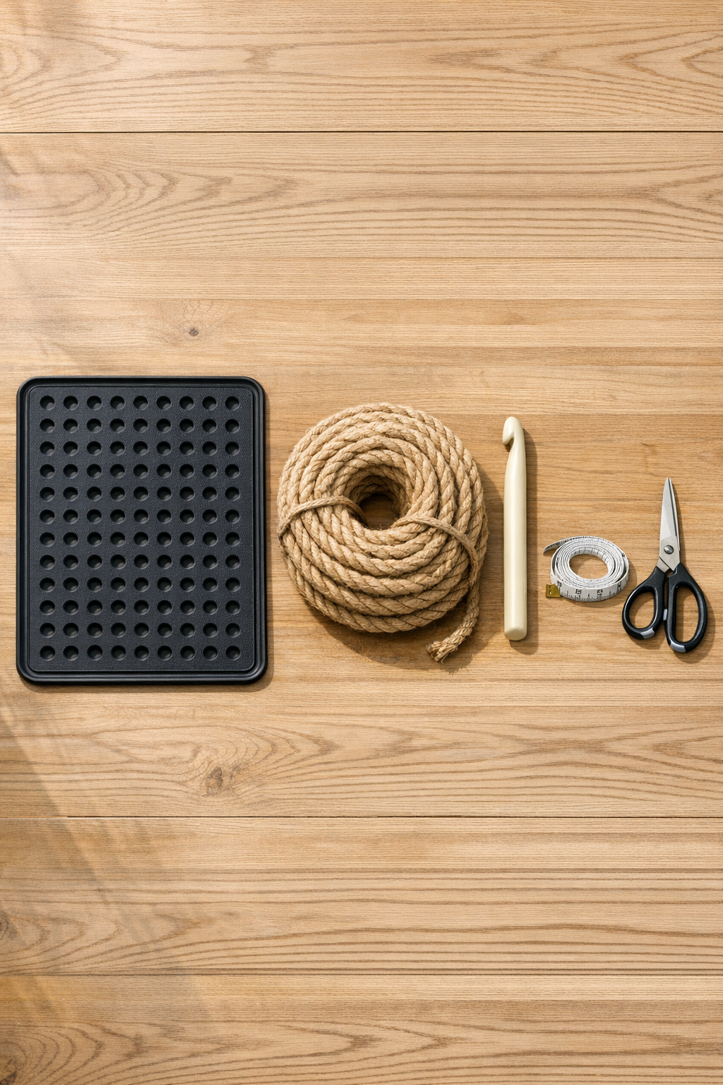 Rubber cargo mat, jute rope, crochet hook, and scissors laid out for the project