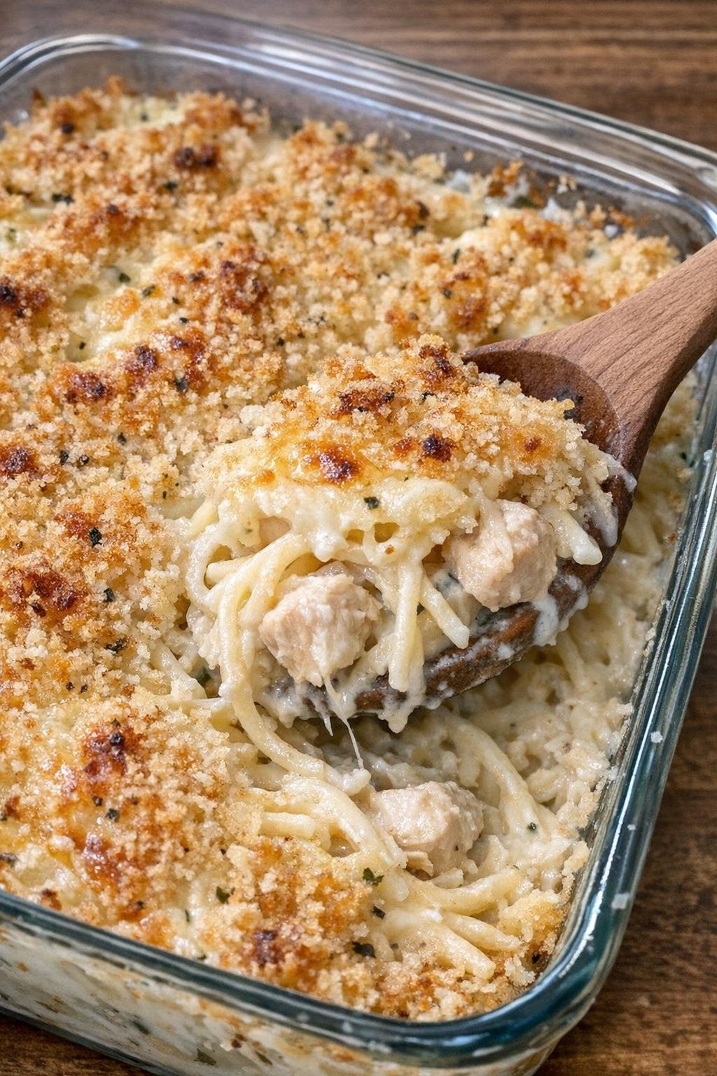 Creamy chicken tetrazzini casserole in glass baking dish