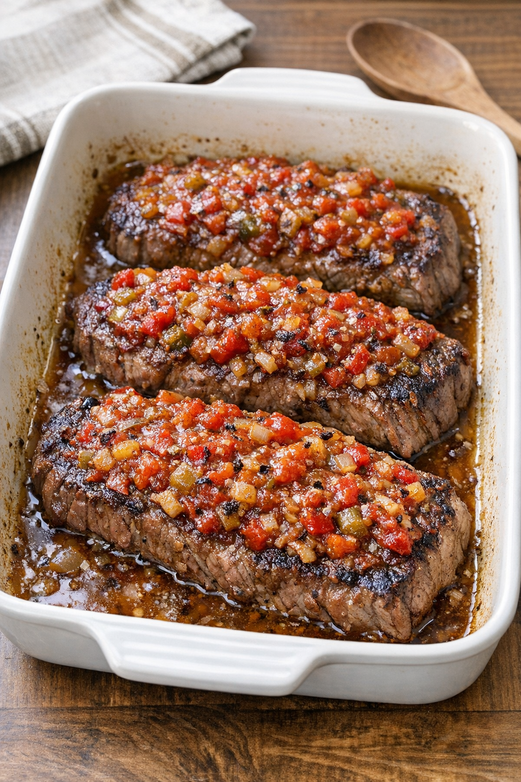 Finished baked strip steak with hot pepper relish in a baking dish