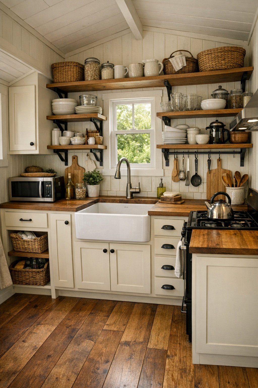 Compact handcrafted kitchen with shaker cabinets and warm wood counters