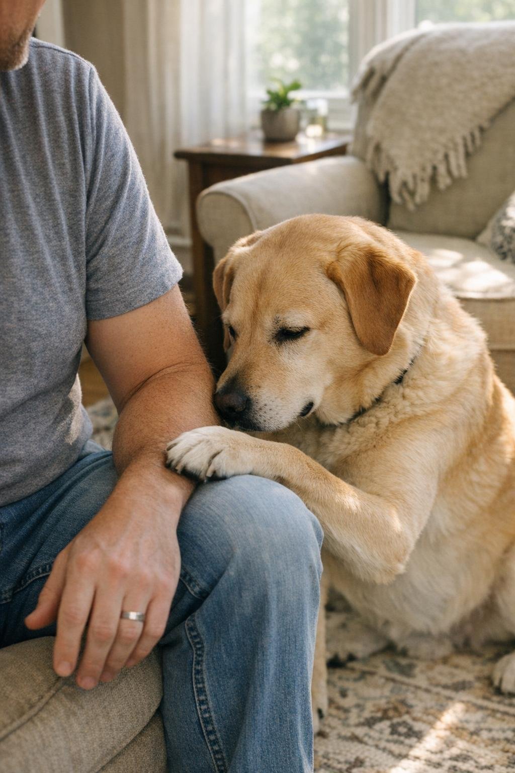 Dog and owner sharing a quiet moment with a paw on the arm
