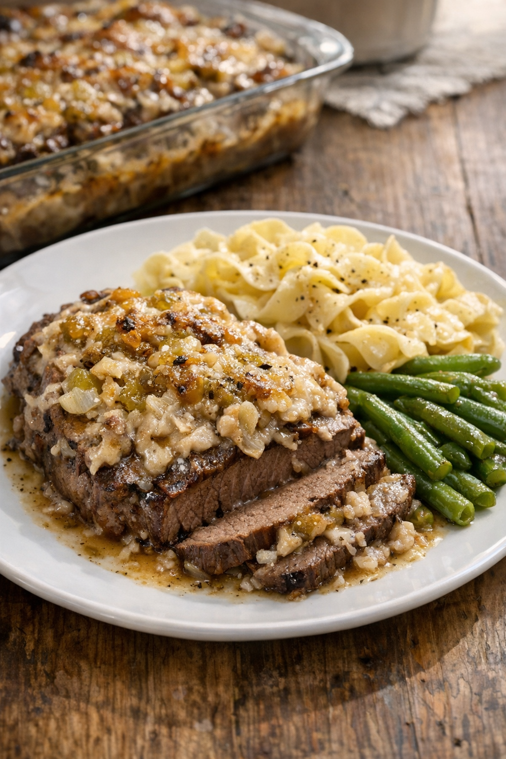 Finished Amish beef and sweet pickle casserole plated for serving