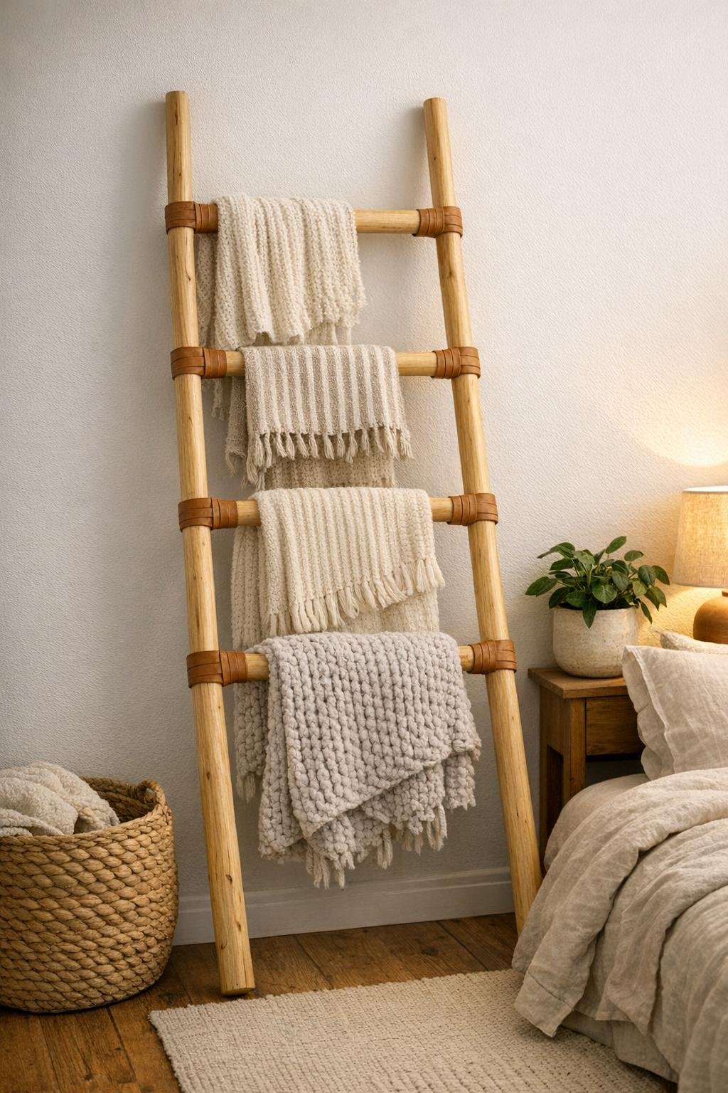Finished blanket ladder made from wooden broom handles and tan leather straps in a bedroom