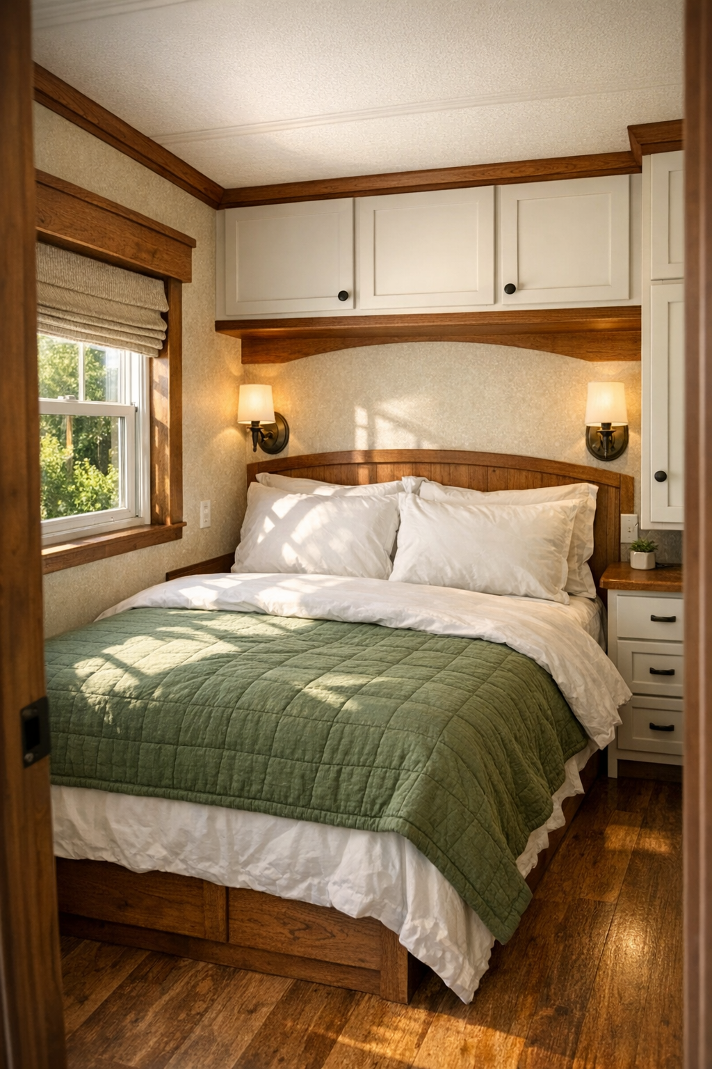 Peaceful small bedroom with soft bedding, built-ins, and gentle craftsman details