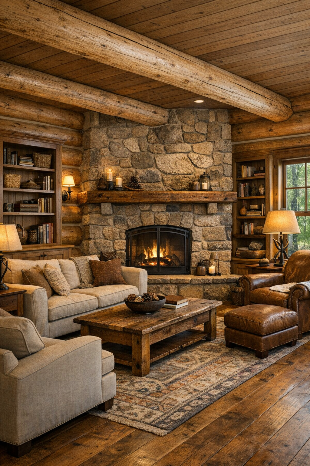 Warm log living room with Amish-made woodwork, stone fireplace, and comfortable seating