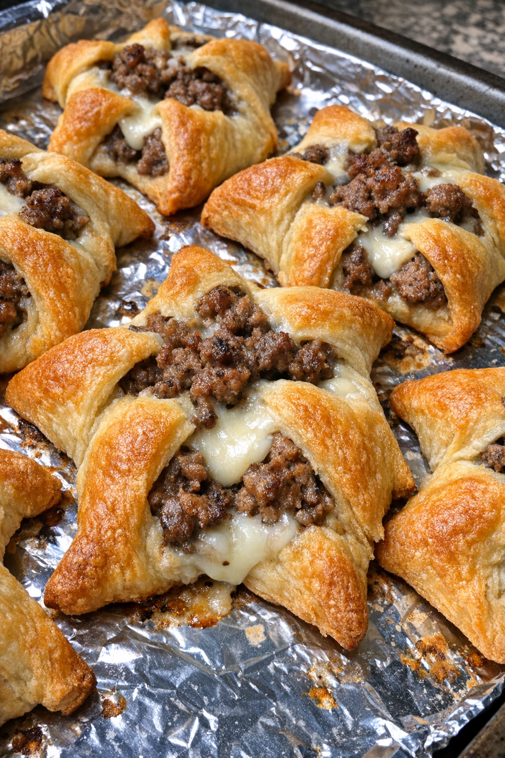 Close-up of baked beef crescent stars