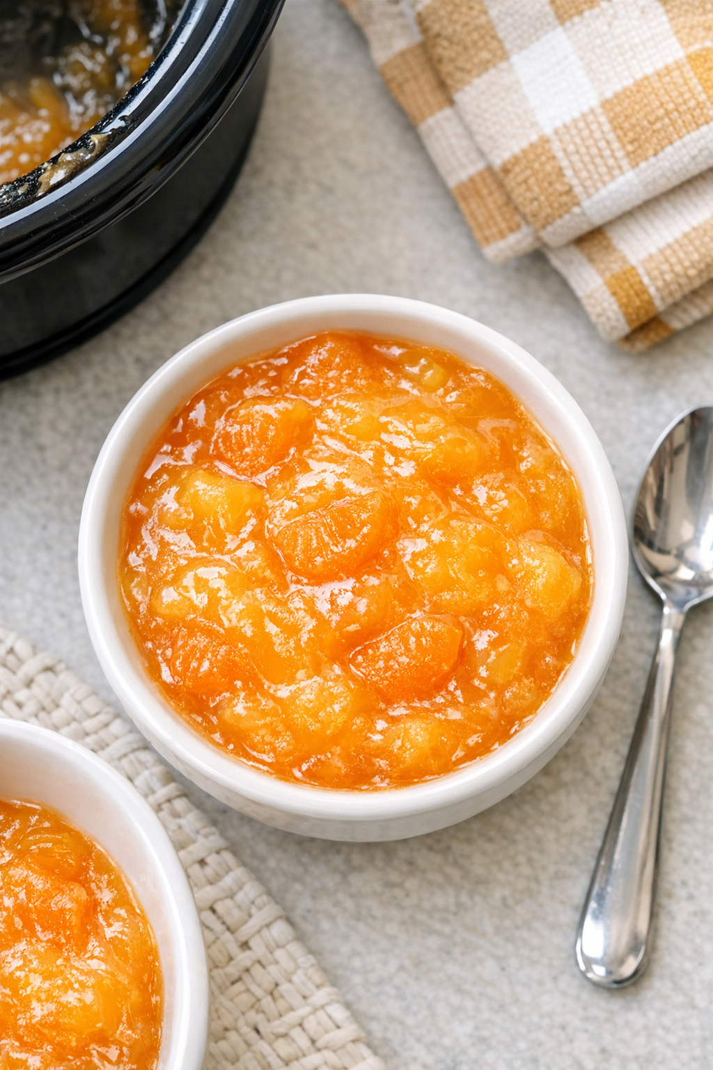 Finished orange slice pudding served warm in a bowl