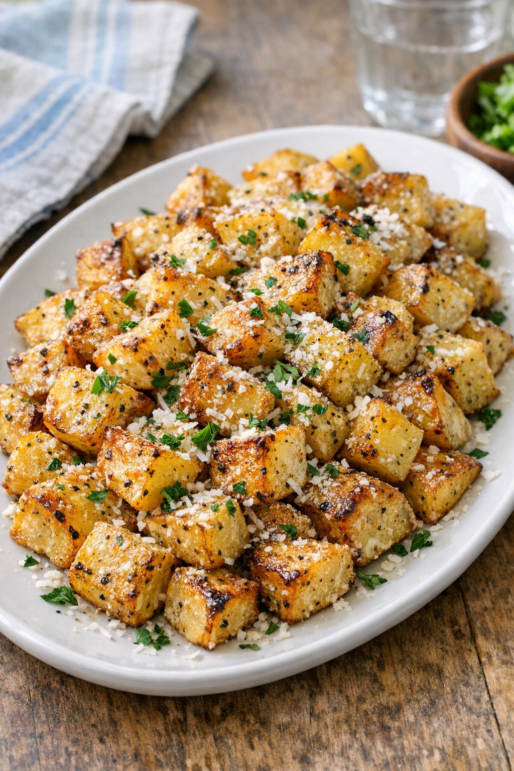 Finished Caesar roasted potatoes on a serving platter