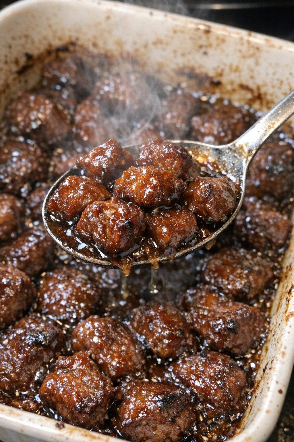 Savory bite-sized beef pieces in a casserole dish