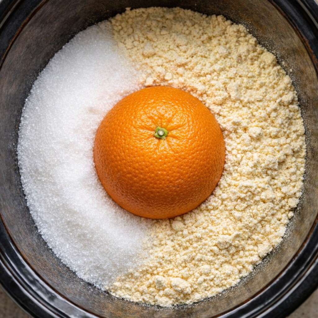Orange nestled in sugar and cake mix in slow cooker