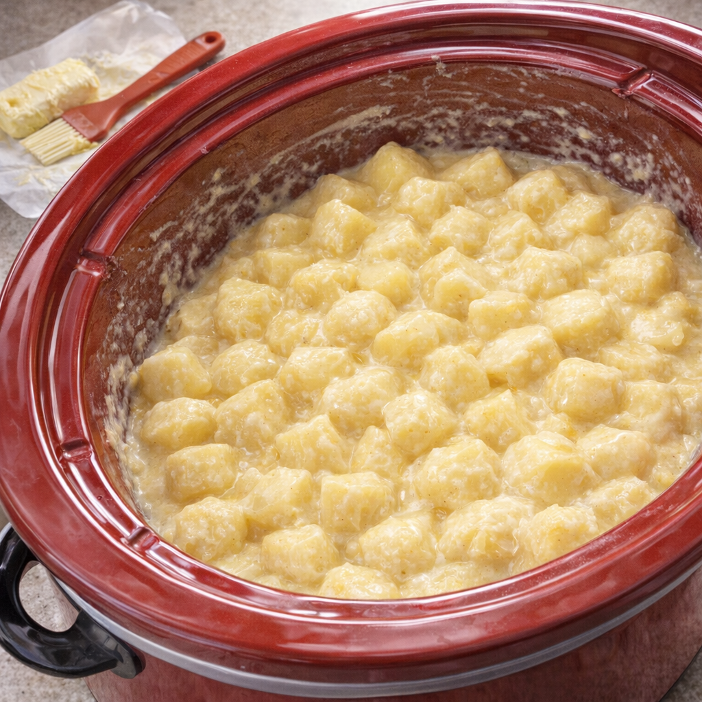 Greased slow cooker crock ready for layered potatoes