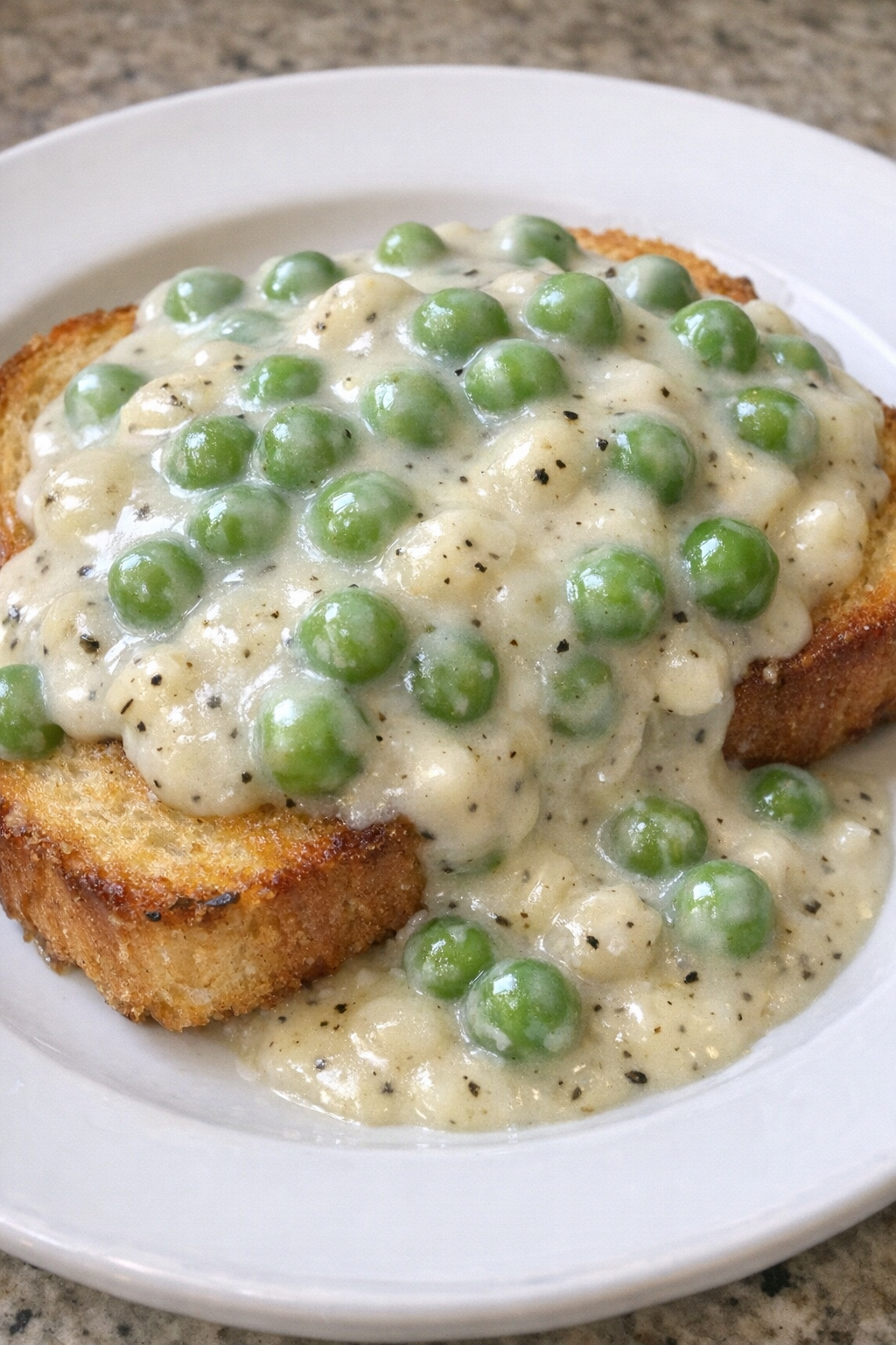 Creamed peas on toast on a white plate
