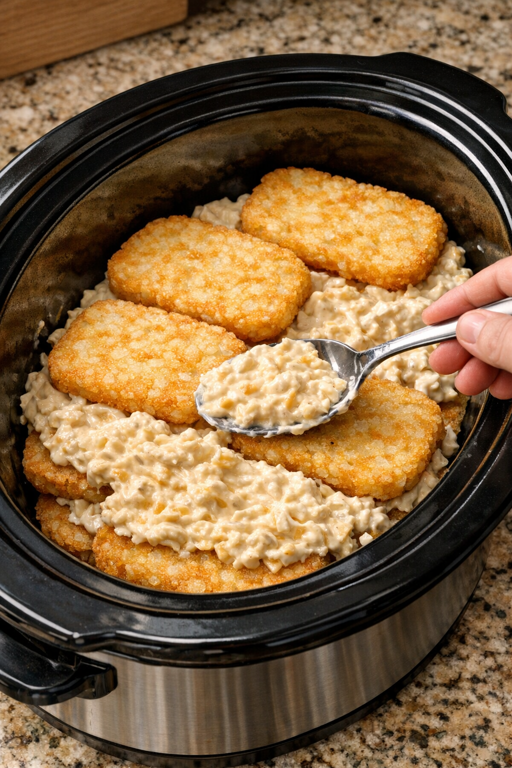Layering hash brown patties and cheese mixture in a slow cooker