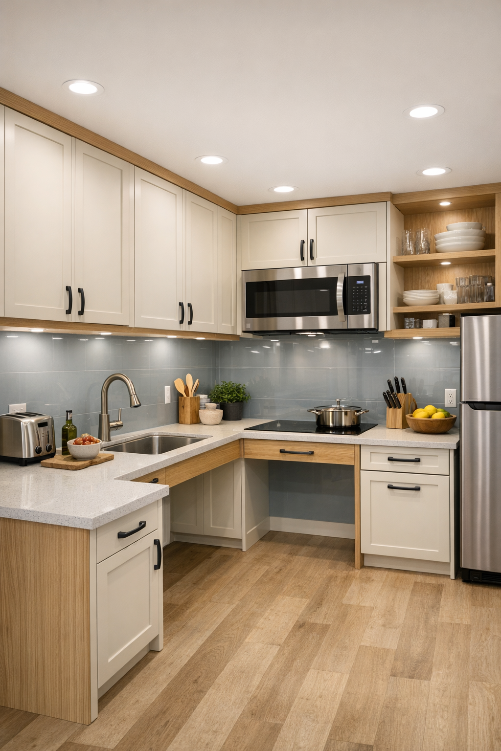 Accessible tiny home kitchen with creamy cabinets, light oak details, pale quartz counters, and blue-gray backsplash
