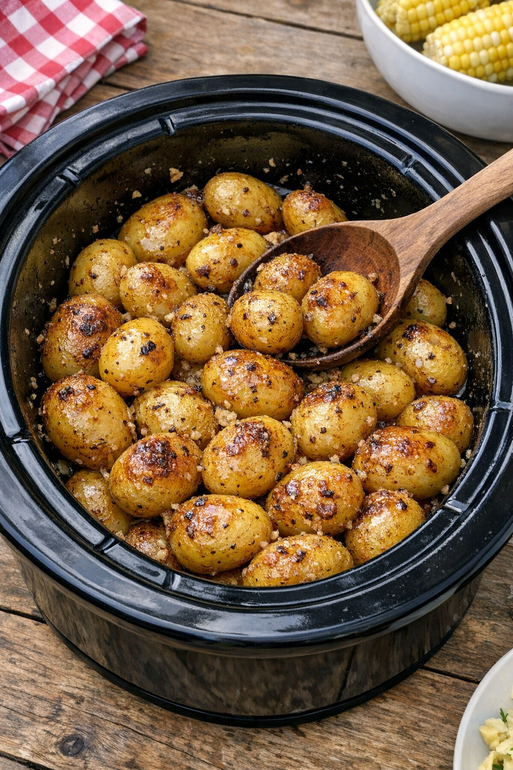 Finished butter crisp baby potatoes served family-style