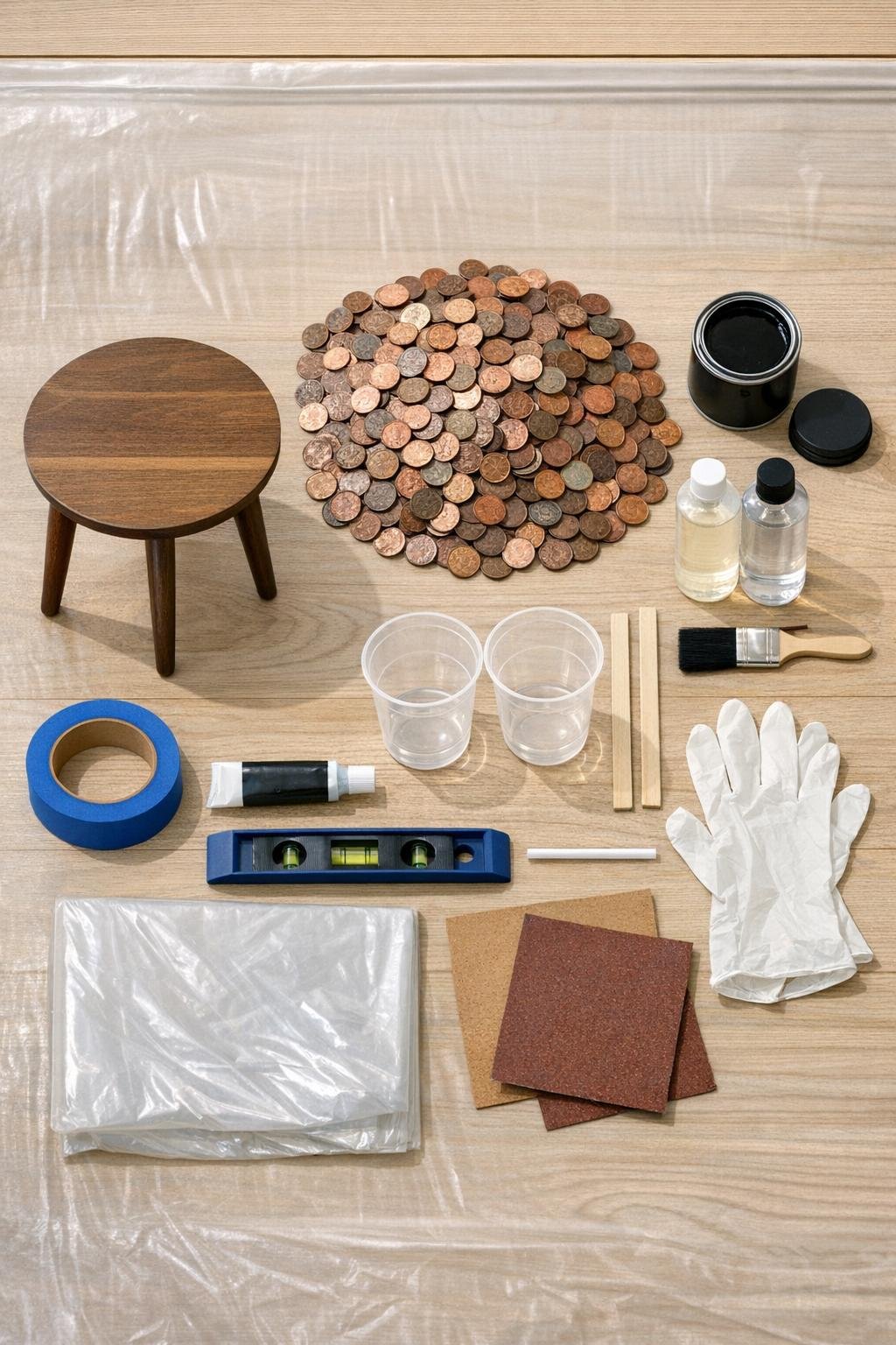 Materials for making a copper penny table laid out neatly