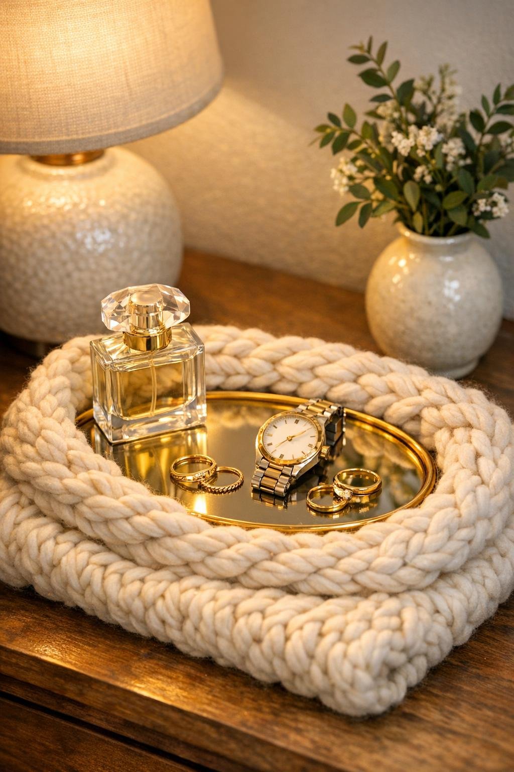 Finished cozy trinket tray made from an oval brass mirror and chunky knit scarf