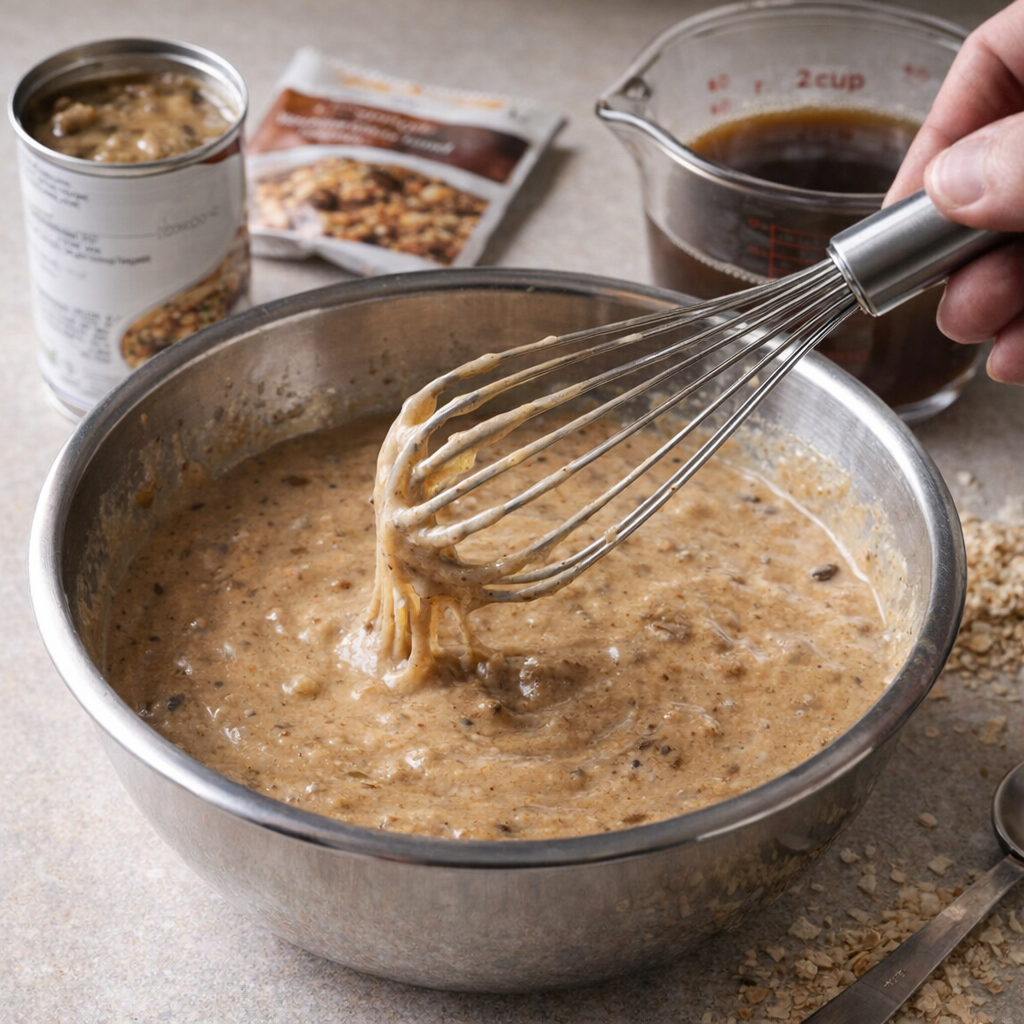 Creamy sauce being whisked in a bowl