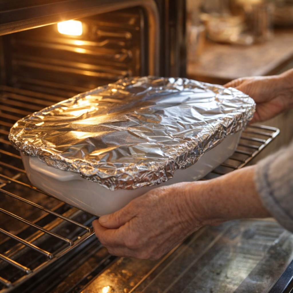 Foil-covered casserole dish going into the oven