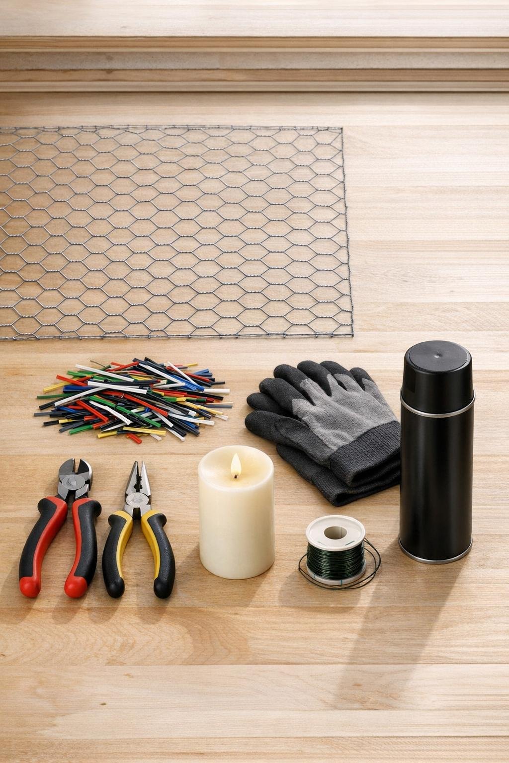 Materials for making textured metal porch lanterns laid out on a work surface