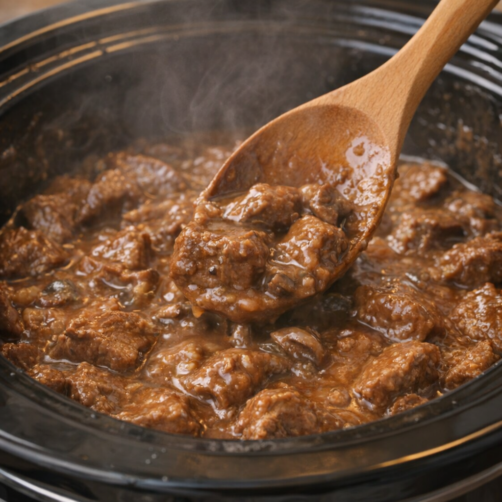 Tender cooked beef in rich gravy inside the slow cooker