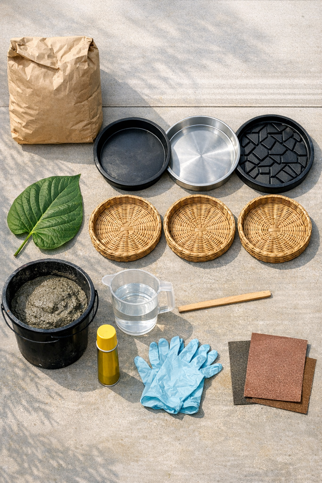 Materials laid out for making three patterned cement patio stones