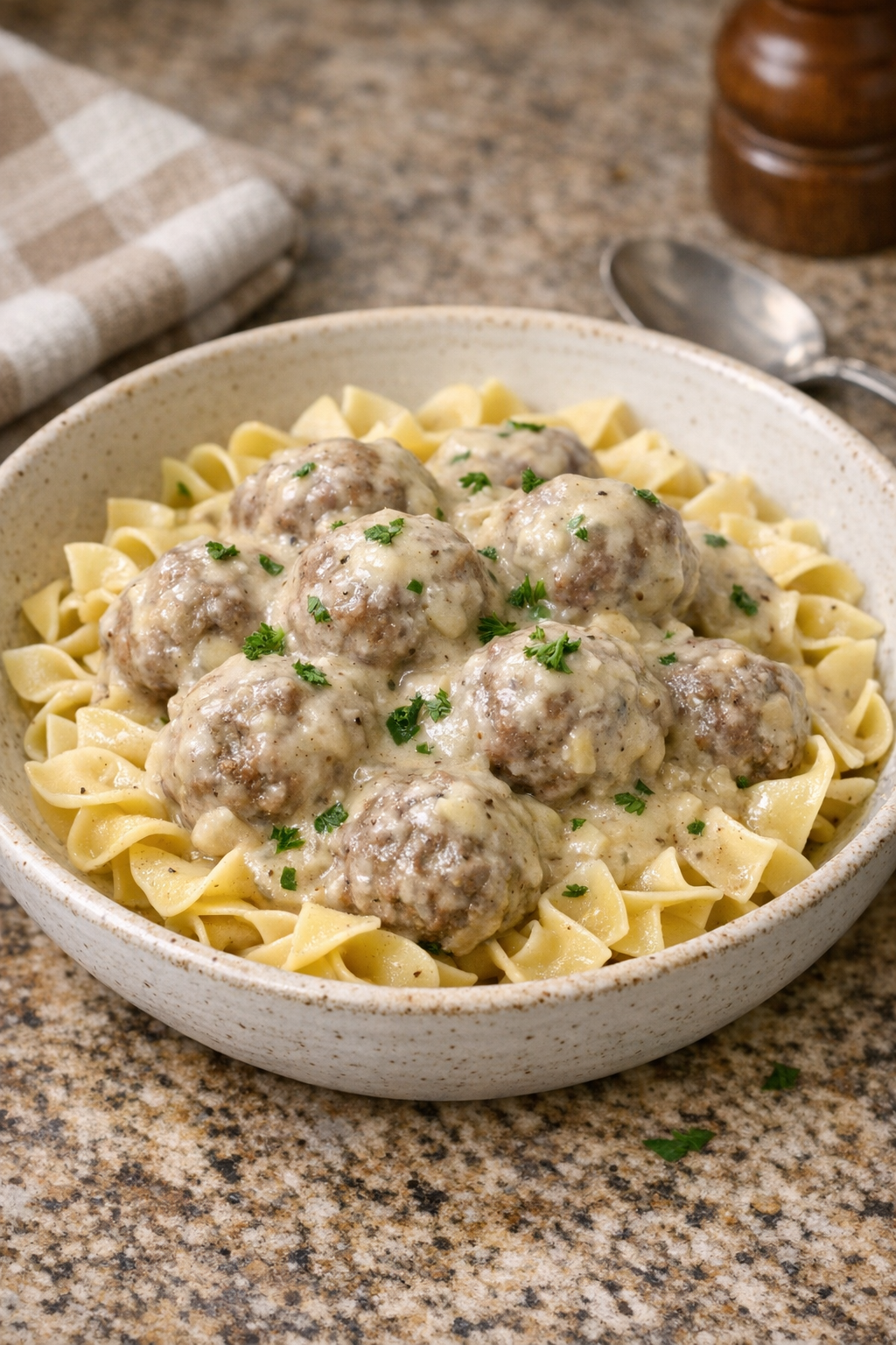 Creamy slow cooker beef meatballs plated with sauce