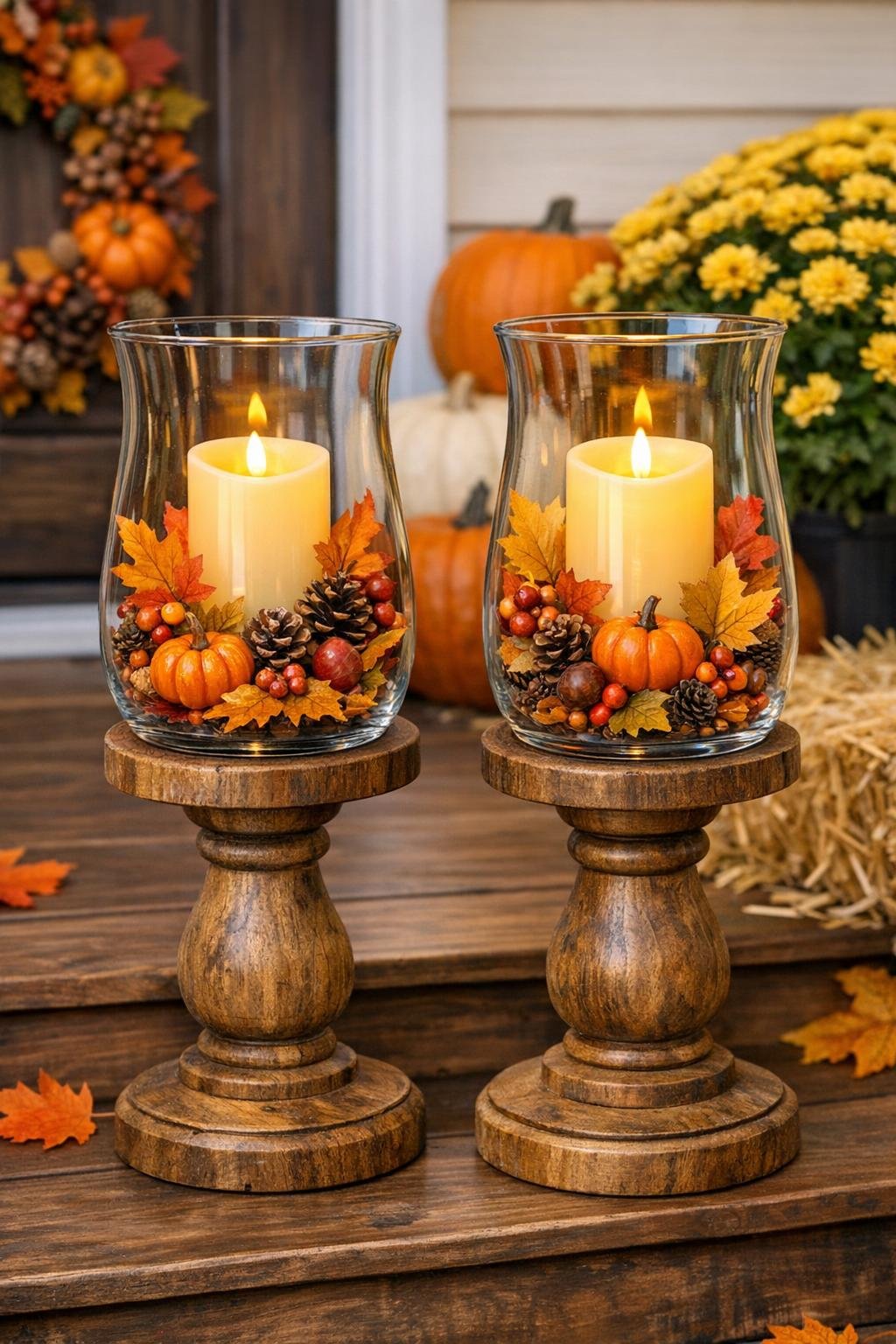 Completed pair of autumn lanterns on a front porch