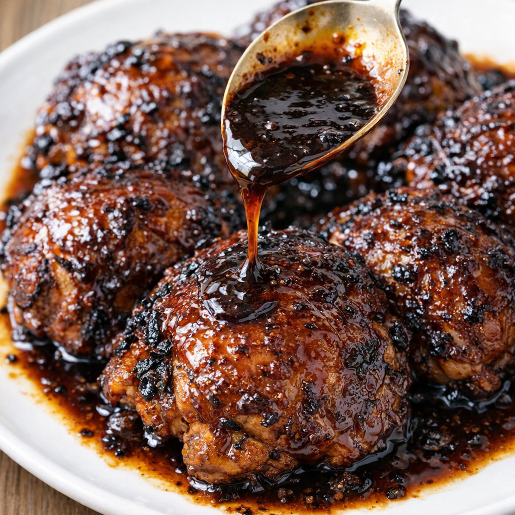 Extra Guinness sauce being spooned over plated chicken