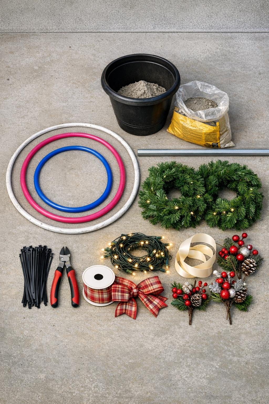 Materials laid out for a hula hoop porch tree project