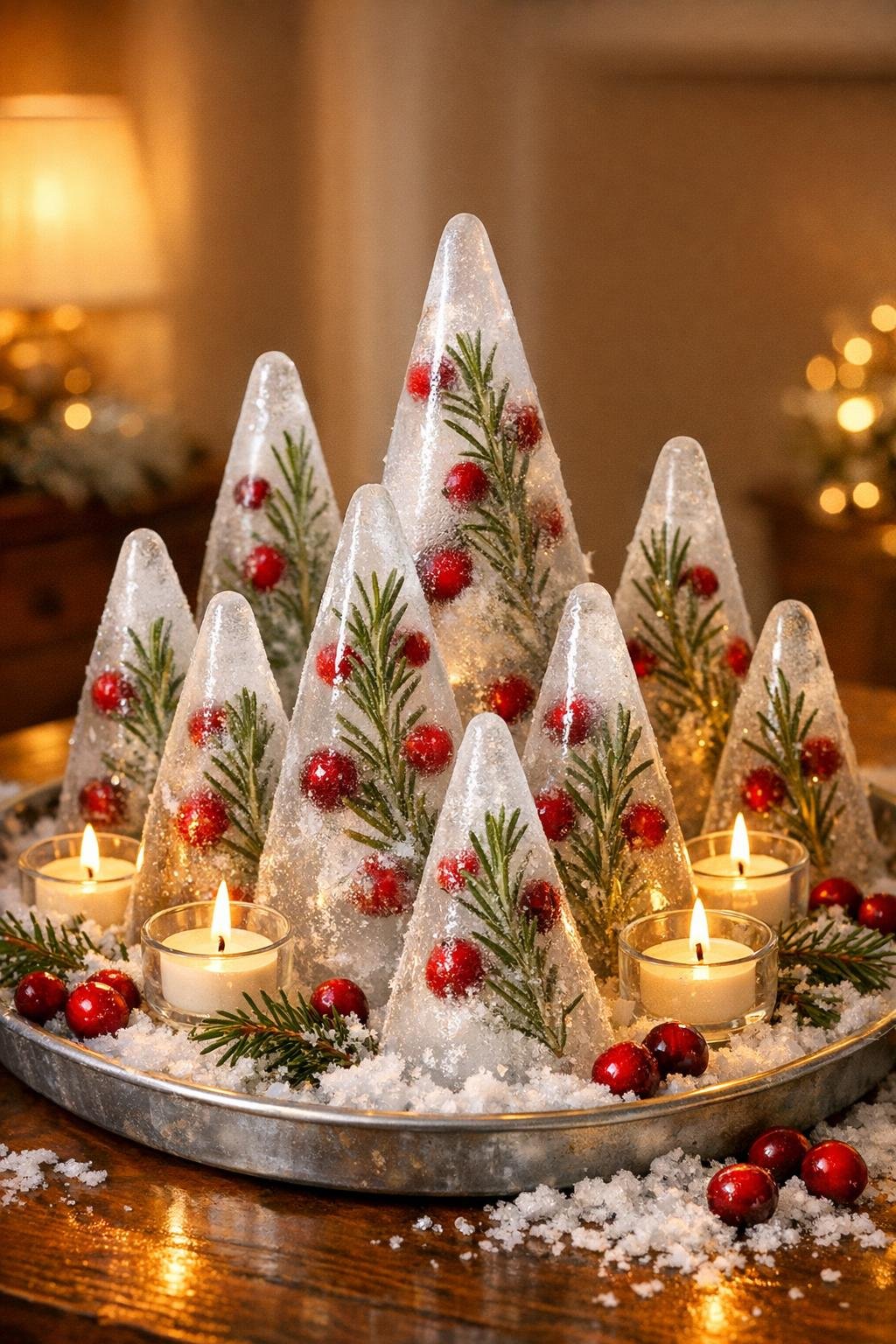 Finished frozen ice tree forest centerpiece on a tray with tea lights