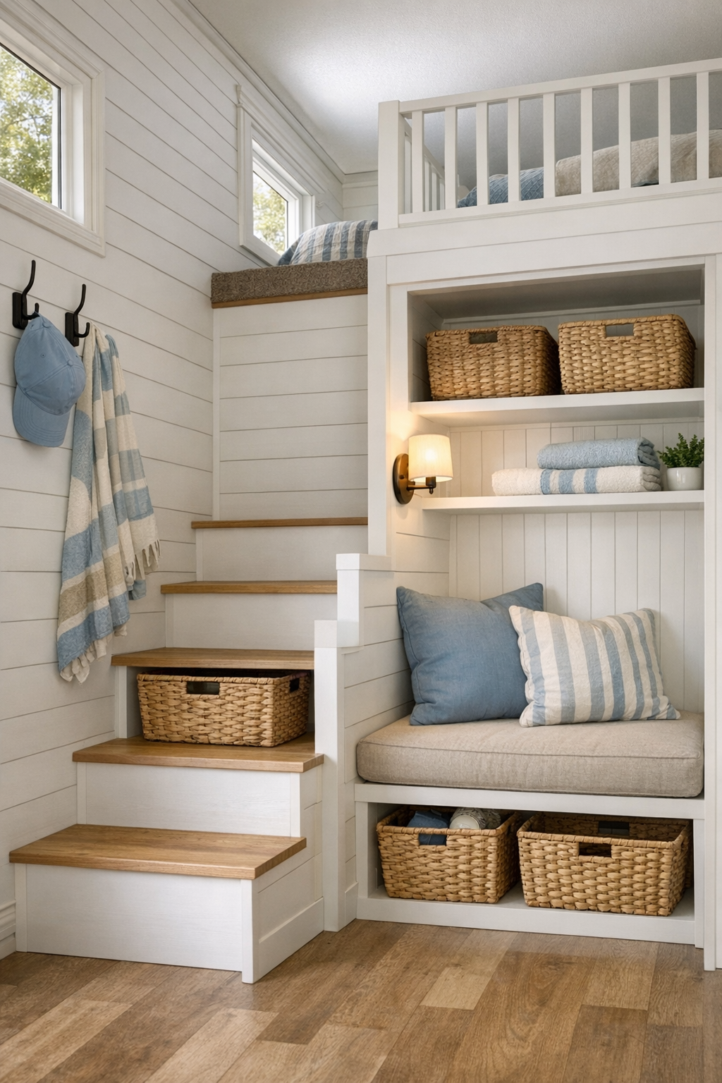 Coastal RV loft and entry details with built-in storage, light wood, and woven textures