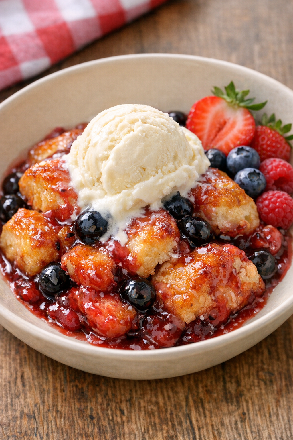 Warm plated biscuit berry dessert with ice cream