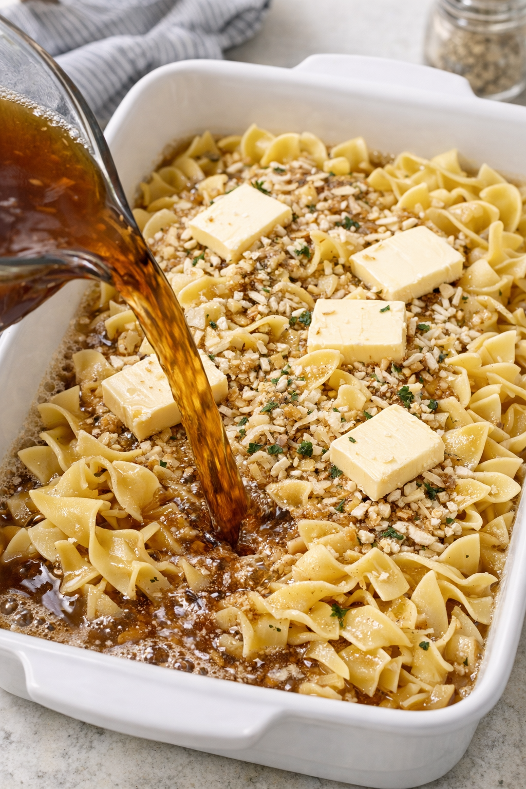 Beef broth being poured over seasoned egg noodles in a casserole dish