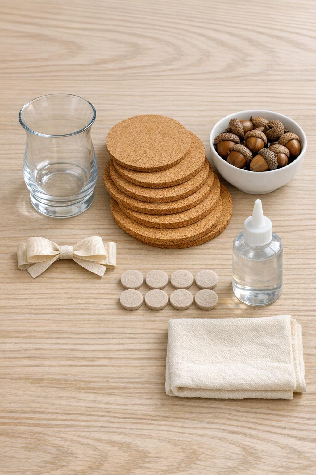 Materials laid out for a cork coaster holder in a glass hurricane vase