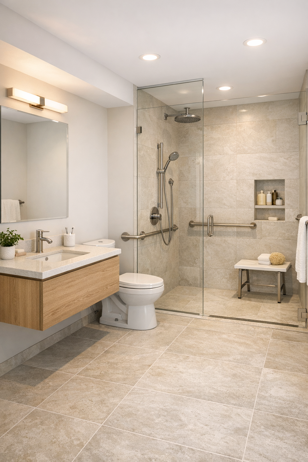 Warm minimalist bathroom with a curbless shower, pale stone-look tile, and oak vanity
