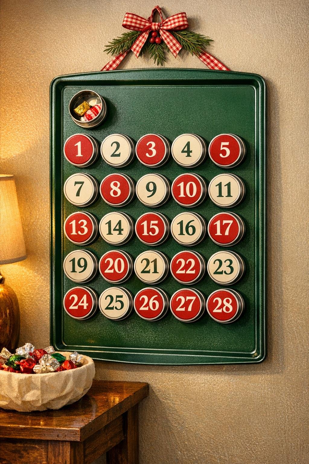 Finished magnetic advent calendar board hanging on a wall