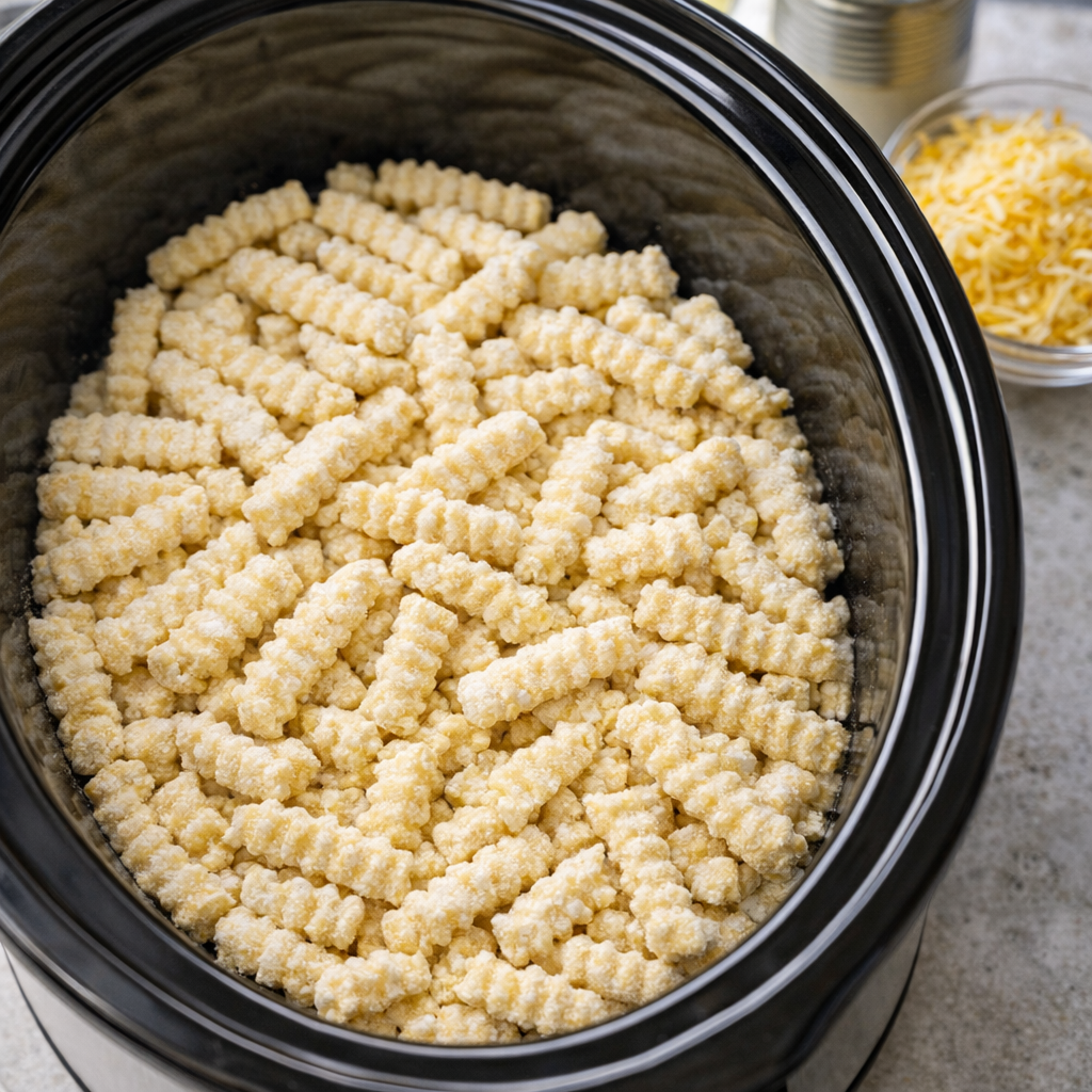 Frozen crinkle-cut fries layered in slow cooker