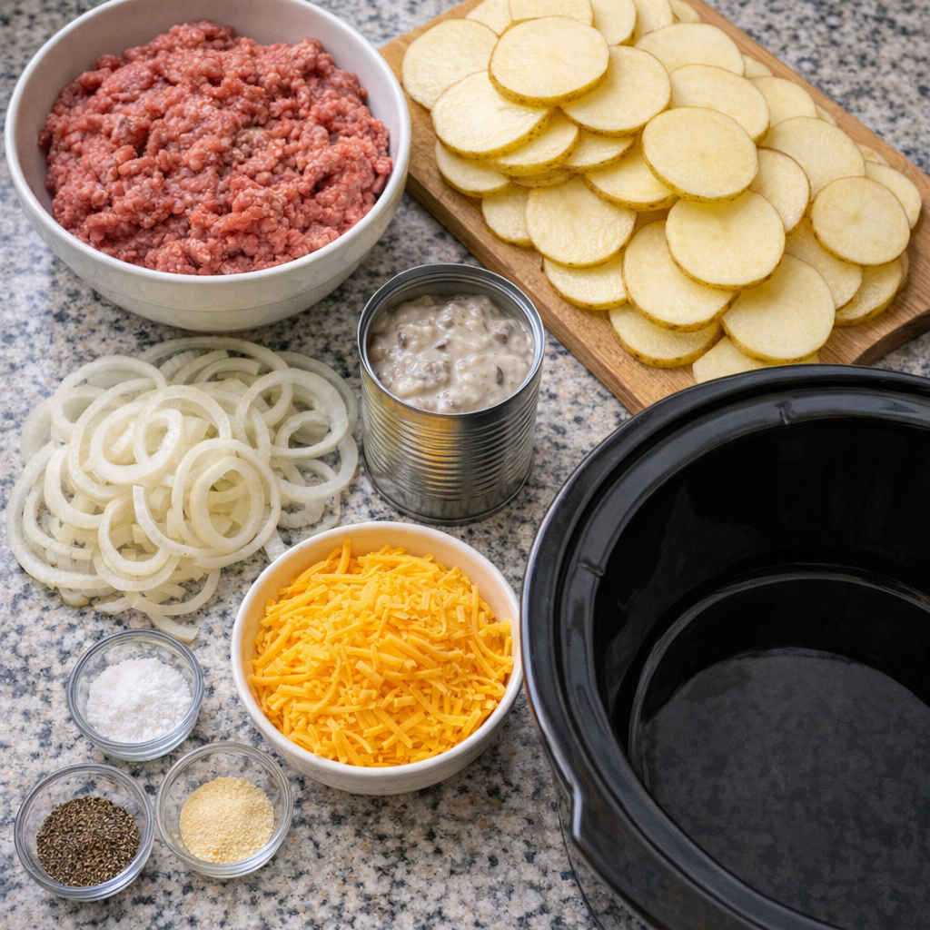 Slow cooker hobo casserole ingredients gathered on a kitchen counter