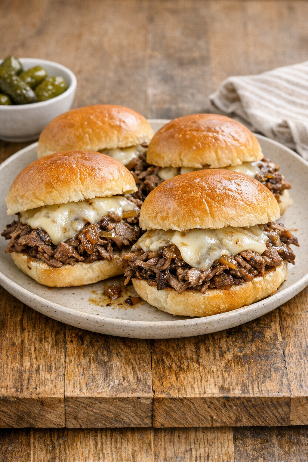 Finished French onion beef sliders on a platter