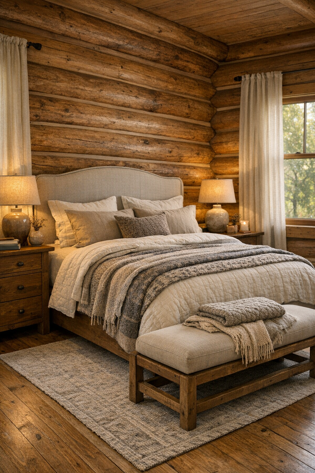 Peaceful log home bedroom with upholstered bed and layered natural textiles