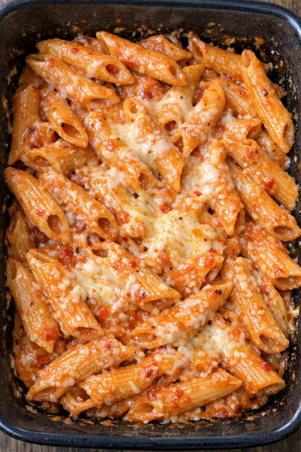 Baked creamy Calabrian chili penne in a dark baking dish