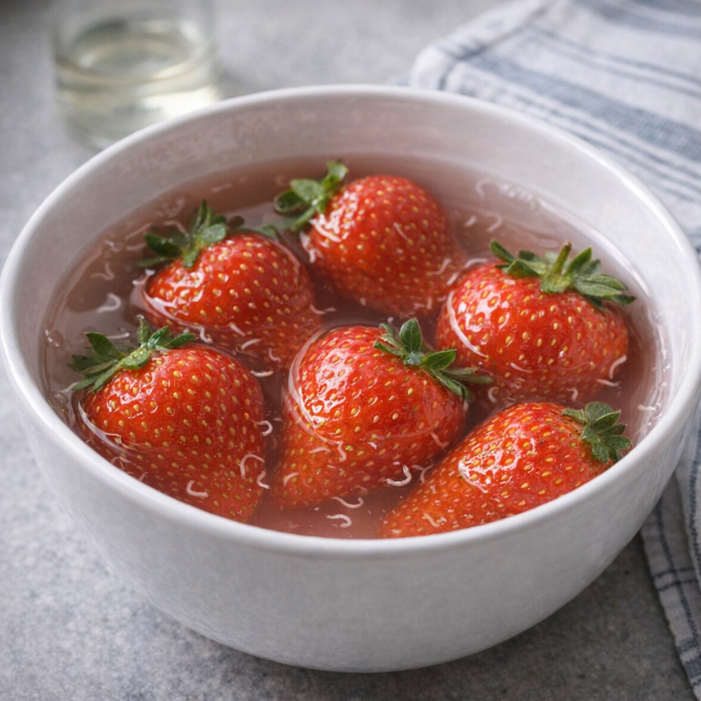 Bowl of strawberries soaking in a diluted vinegar wash with kitchen towel nearby