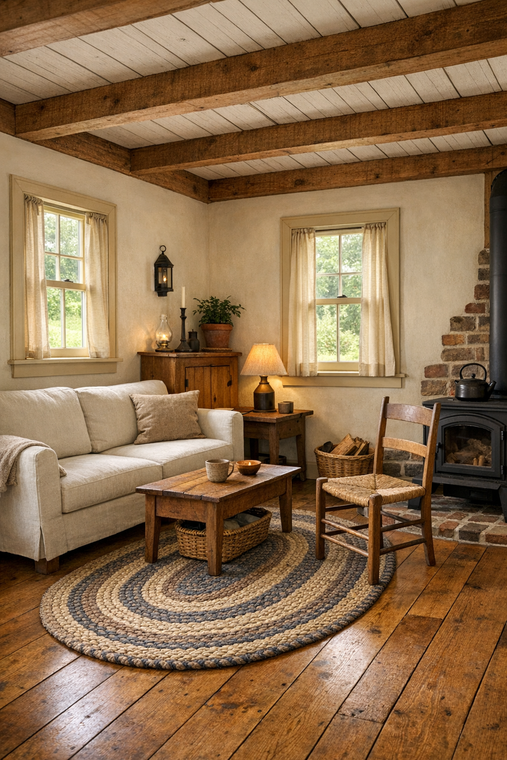 Warm handcrafted living room with wide-plank wood floors and cream walls