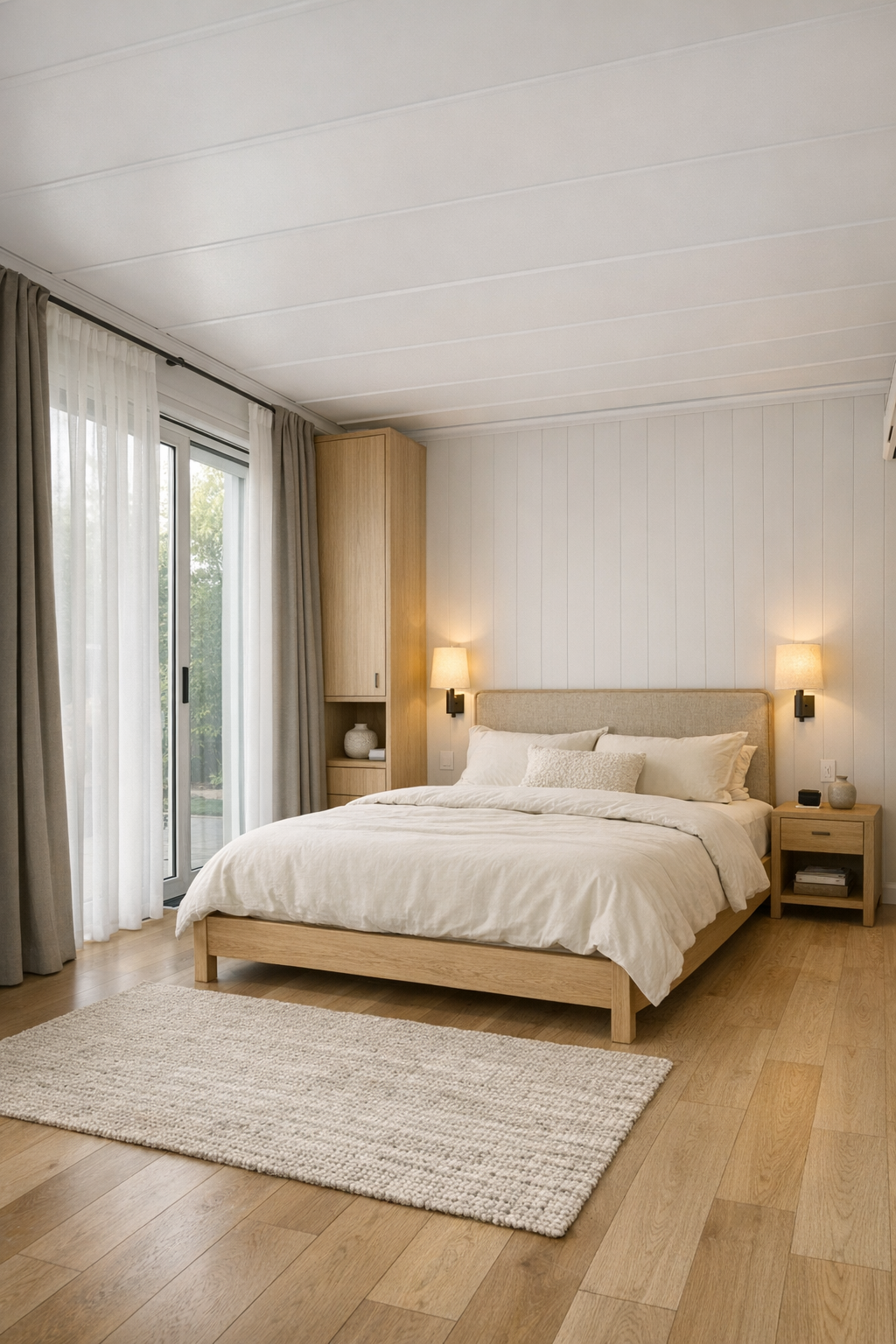 Calm bedroom with light oak bed, linen textures, and soft neutral colors