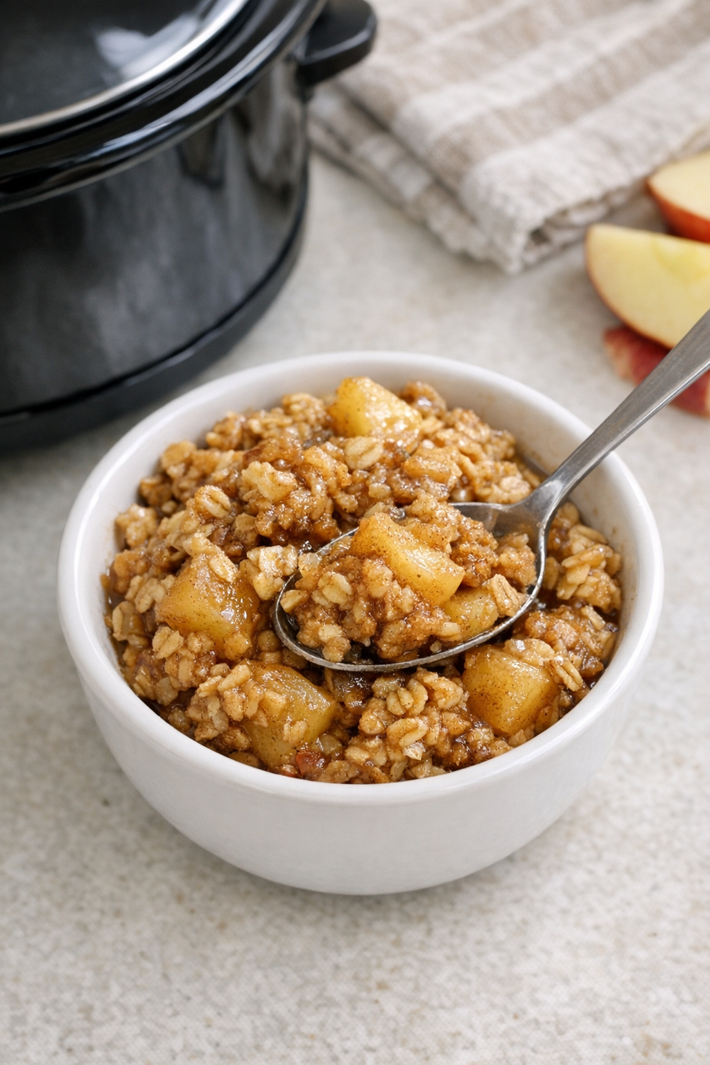 Finished apple oat dessert in a slow cooker setting