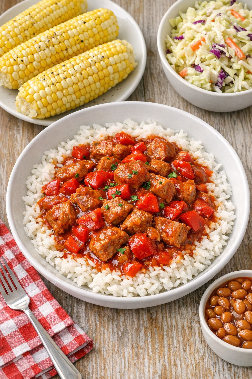Finished slow cooker pork plated with festive summer sides