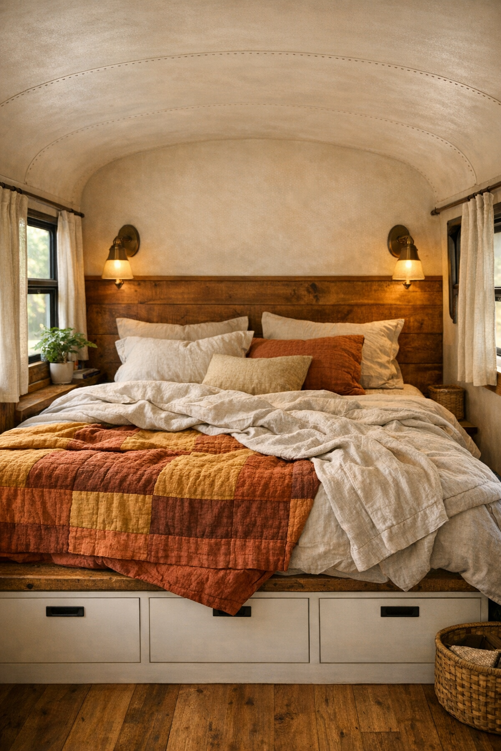 Peaceful converted bus bedroom with platform bed and linen bedding