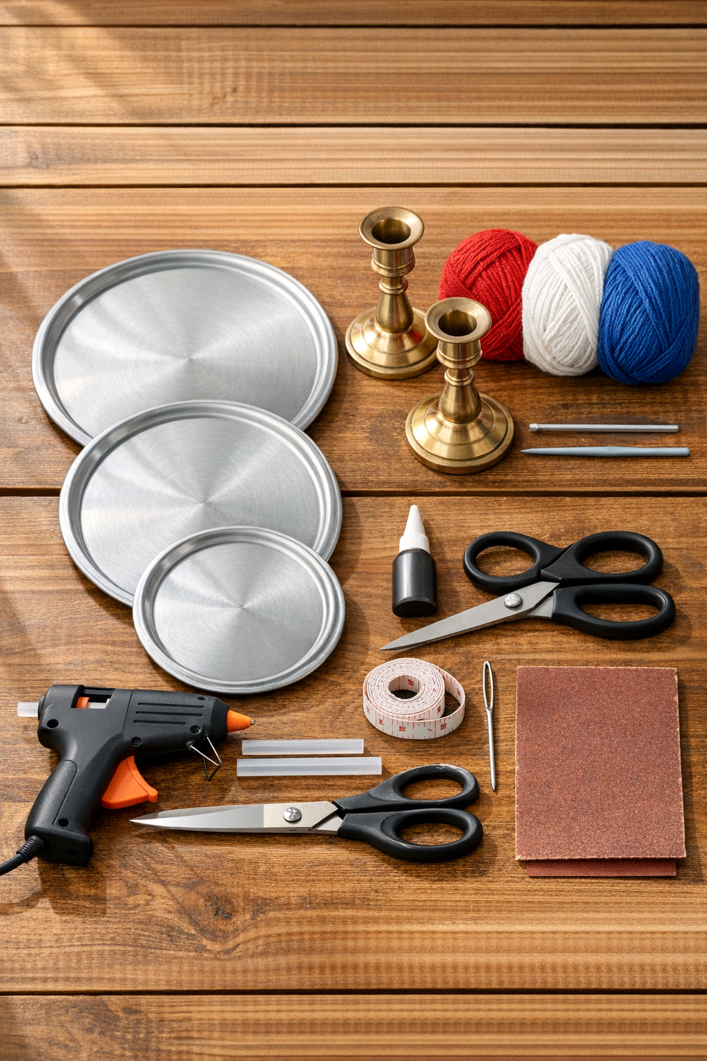 Materials for a crocheted patriotic dessert stand laid out on a table